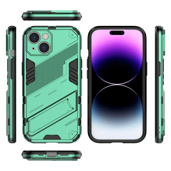 For iPhone 15 Drop Protection Phone Case PC+TPU Back Cover with Kickstand - Green - 7