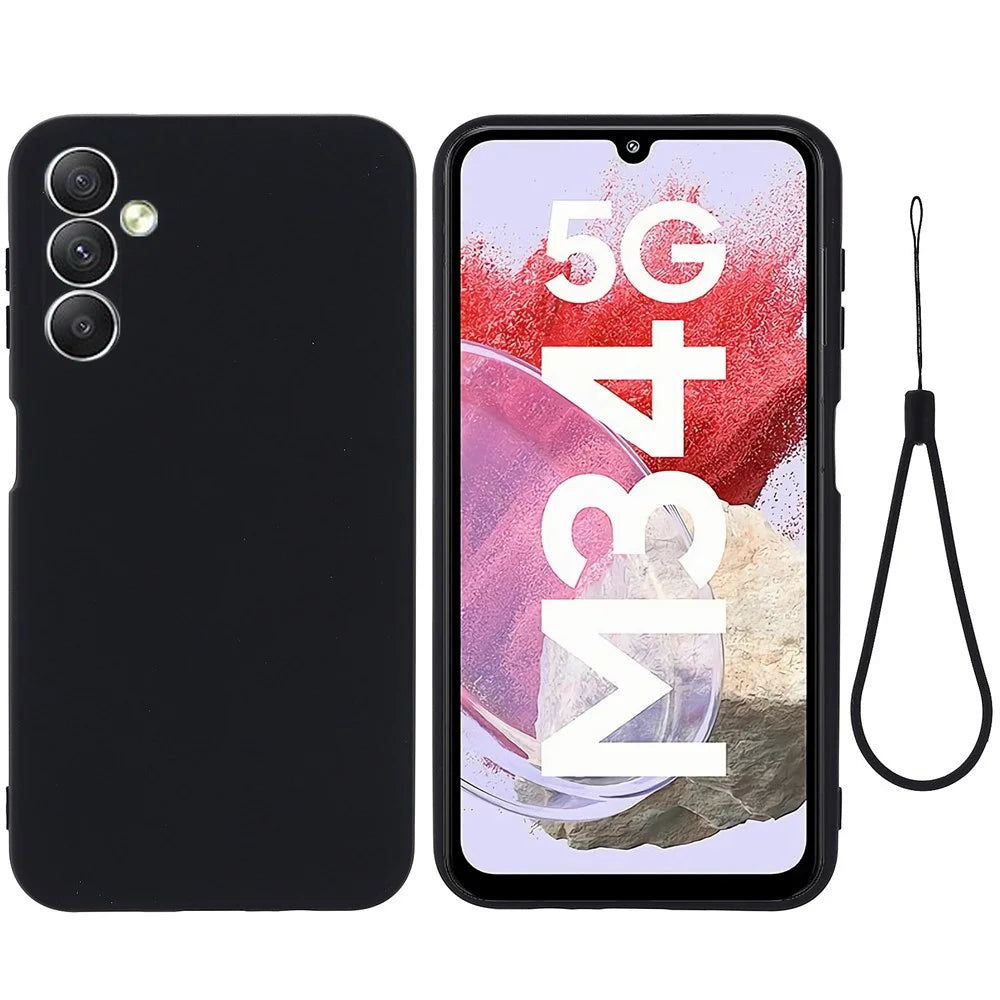 For Samsung Galaxy F34 5G / M34 5G Liquid Silicone Phone Case Soft Lining Shockproof Cover with Strap - Black - 1