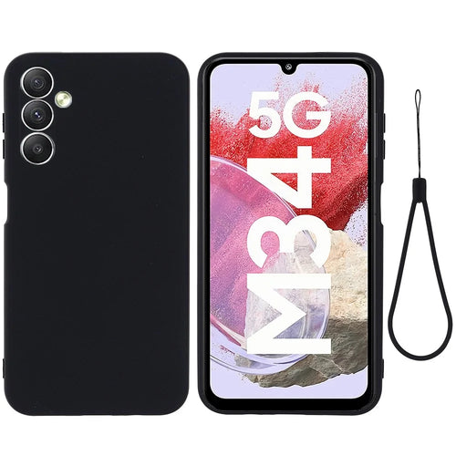 For Samsung Galaxy F34 5G / M34 5G Liquid Silicone Phone Case Soft Lining Shockproof Cover with Strap - Black - 1