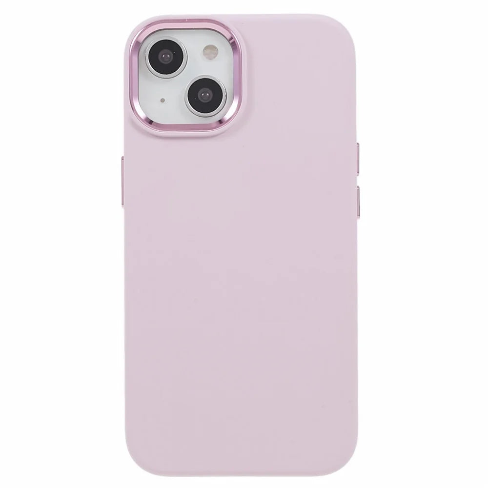 Phone Case for iPhone 15 Plus Liquid Silicone+PC Anti-scratch Cover with Metal Lens Frame - Morandi Pink - 1
