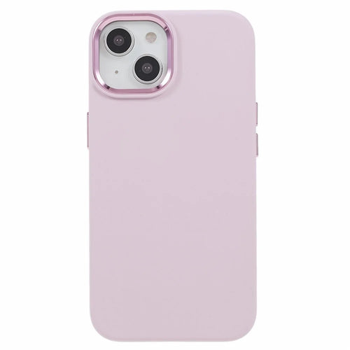 Phone Case for iPhone 15 Plus Liquid Silicone+PC Anti-scratch Cover with Metal Lens Frame - Morandi Pink - 1