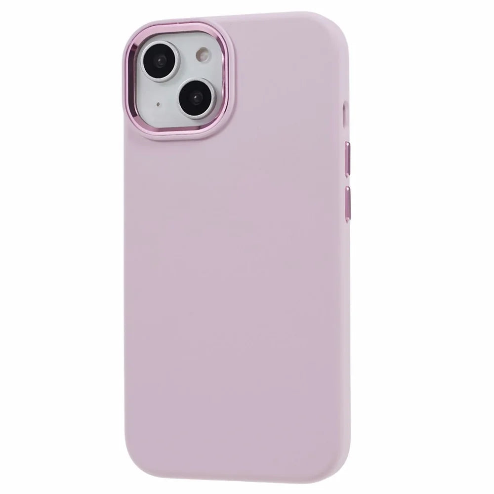 Phone Case for iPhone 15 Plus Liquid Silicone+PC Anti-scratch Cover with Metal Lens Frame - Morandi Pink - 3