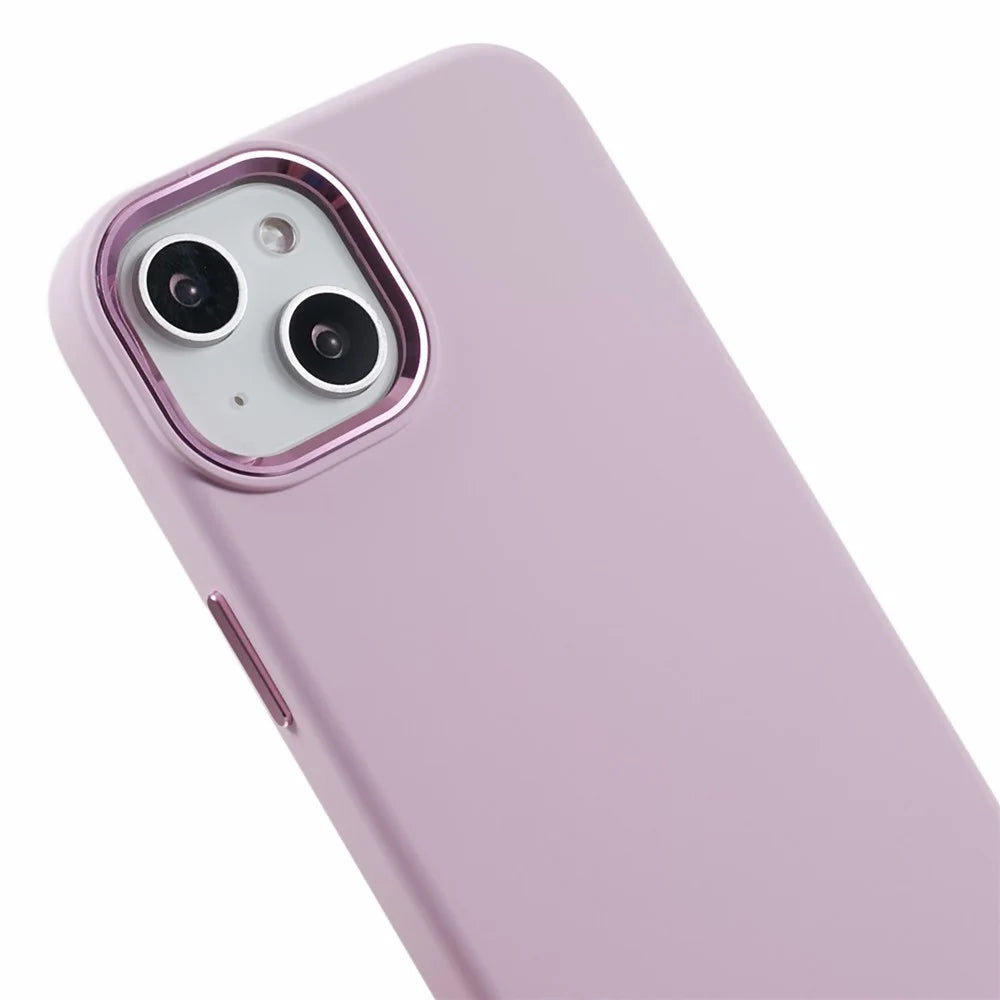 Phone Case for iPhone 15 Plus Liquid Silicone+PC Anti-scratch Cover with Metal Lens Frame - Morandi Pink - 4