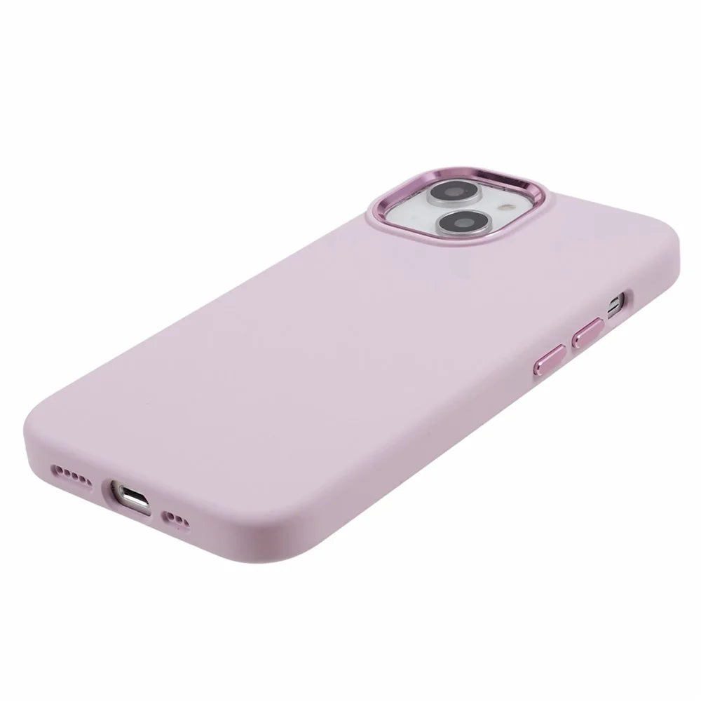 Phone Case for iPhone 15 Plus Liquid Silicone+PC Anti-scratch Cover with Metal Lens Frame - Morandi Pink - 5