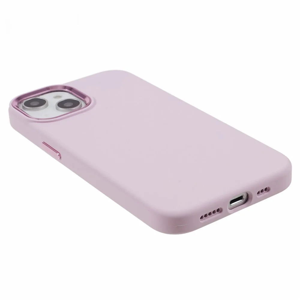 Phone Case for iPhone 15 Plus Liquid Silicone+PC Anti-scratch Cover with Metal Lens Frame - Morandi Pink - 6