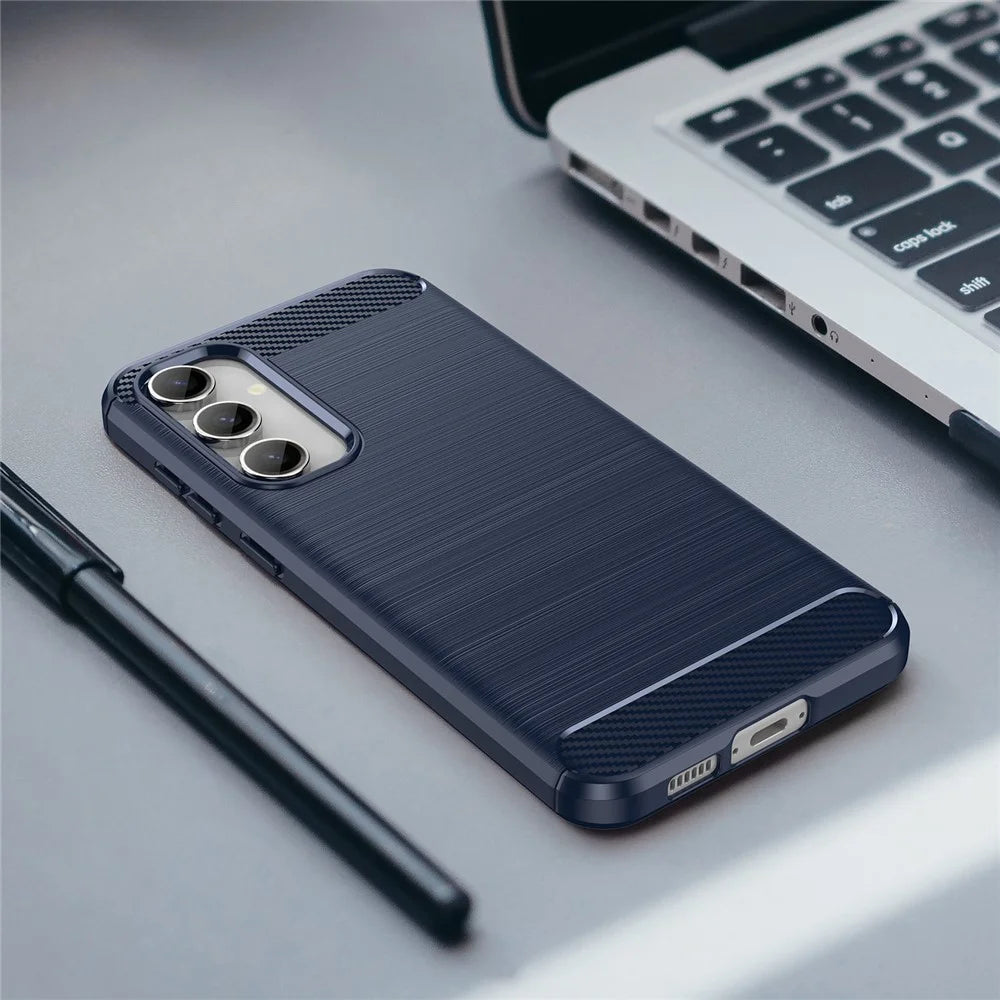 For Samsung Galaxy S23 FE Soft TPU Brushed Phone Case Carbon Fiber Texture Phone Back Cover - Blue - 7