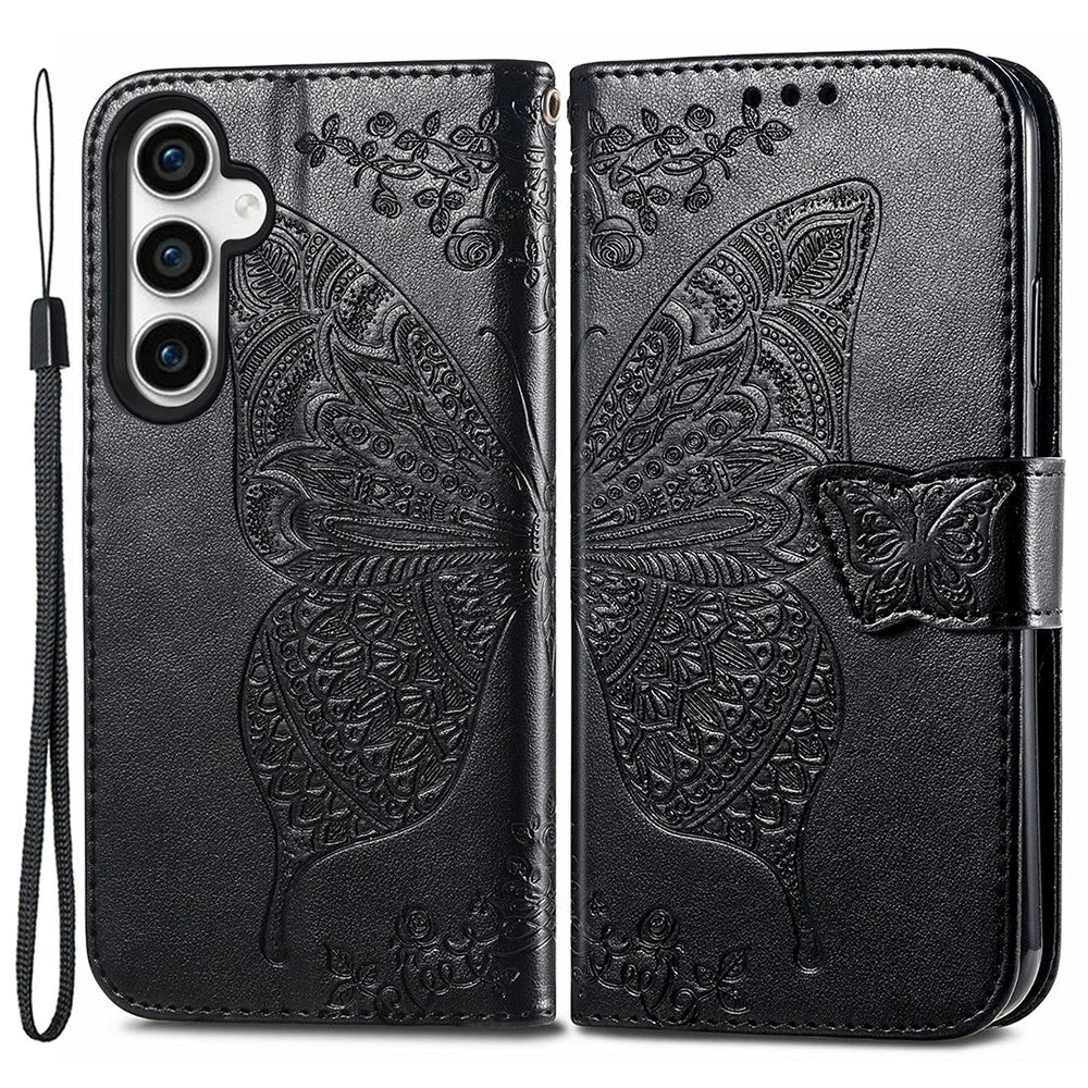 For Samsung Galaxy S23 FE PU Leather Phone Case Butterfly Imprinted Wallet Stand Phone Cover - Black - 1