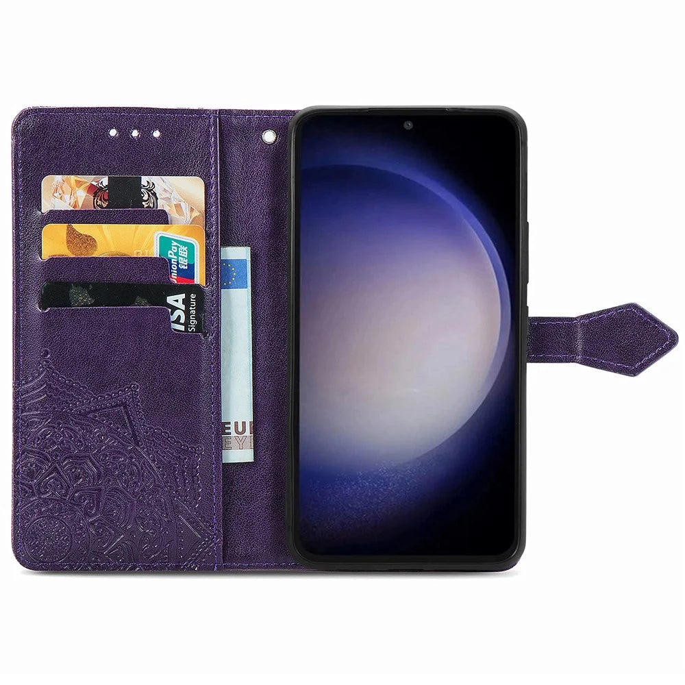 For Samsung Galaxy S23 FE PU Leather Phone Case Embossed Mandala Pattern Stand Wallet Phone Cover - Purple - 2