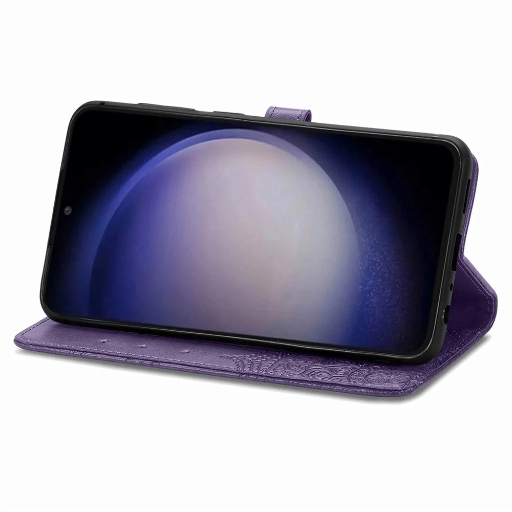 For Samsung Galaxy S23 FE PU Leather Phone Case Embossed Mandala Pattern Stand Wallet Phone Cover - Purple - 3