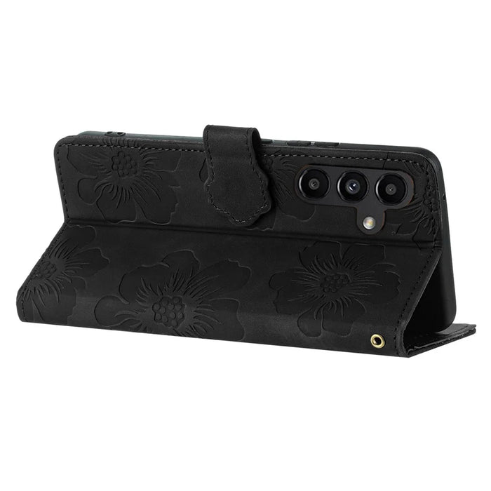 For Samsung Galaxy S23 FE PU Leather Flowers Imprinted Phone Case Shockproof Stand Wallet Cover - Black - 3