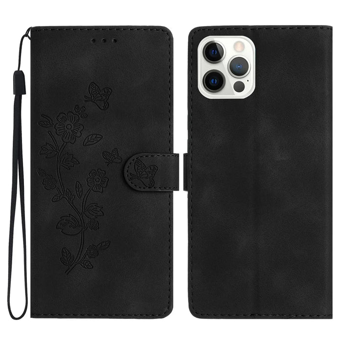 For iPhone 15 Pro Anti-drop Phone Case Flower Imprinted Leather Wallet Stand Cover - Black - 1