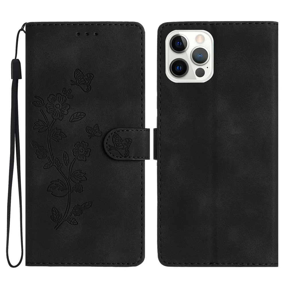 For iPhone 15 Pro Max Flower Imprinted Leather Phone Case Anti-drop Wallet Stand Cover - Black - 1
