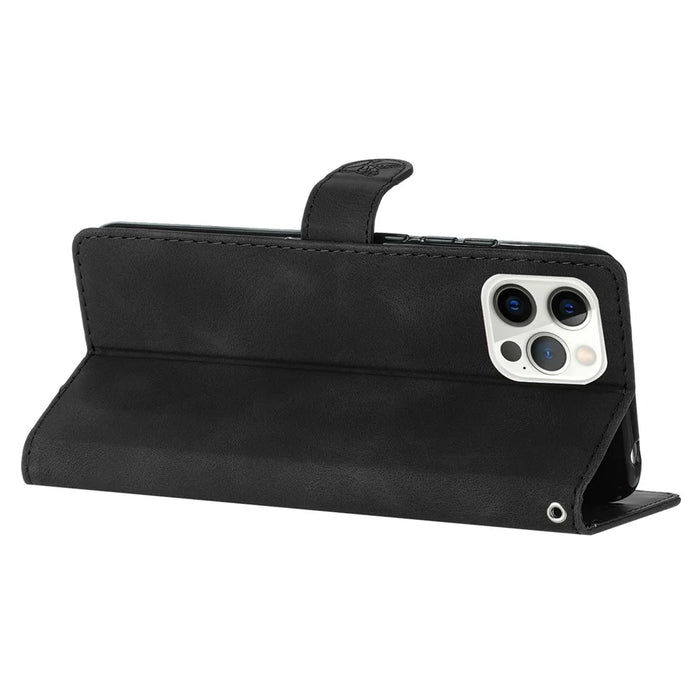 For iPhone 15 Pro Max Flower Imprinted Leather Phone Case Anti-drop Wallet Stand Cover - Black - 4