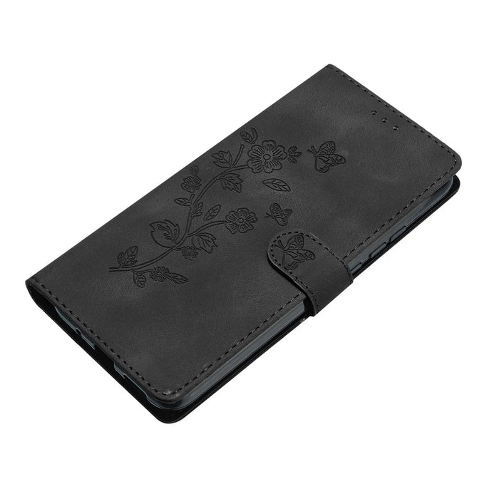 For iPhone 15 Pro Max Flower Imprinted Leather Phone Case Anti-drop Wallet Stand Cover - Black - 5