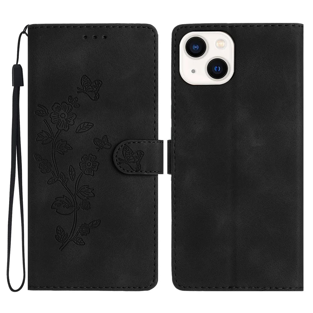 For iPhone 15 Phone Case Imprinted Flower Wallet Anti-Fingerprint PU Leather Magnetic Stand Cover - Black - 1