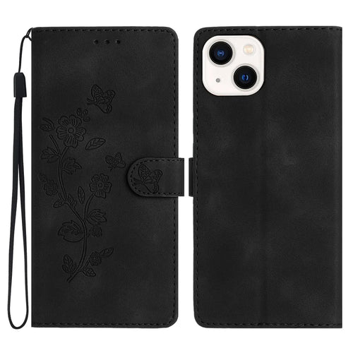 For iPhone 15 Phone Case Imprinted Flower Wallet Anti-Fingerprint PU Leather Magnetic Stand Cover - Black - 1