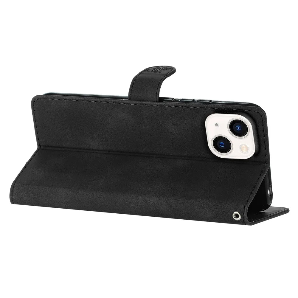 For iPhone 15 Phone Case Imprinted Flower Wallet Anti-Fingerprint PU Leather Magnetic Stand Cover - Black - 4