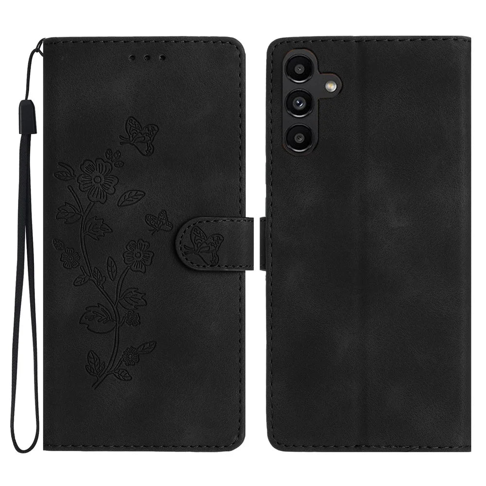 For Samsung Galaxy S23 FE Cell Phone Case Imprinted Flower Magnetic Wallet Stand Leather Mobile Phone Cover - Black - 1