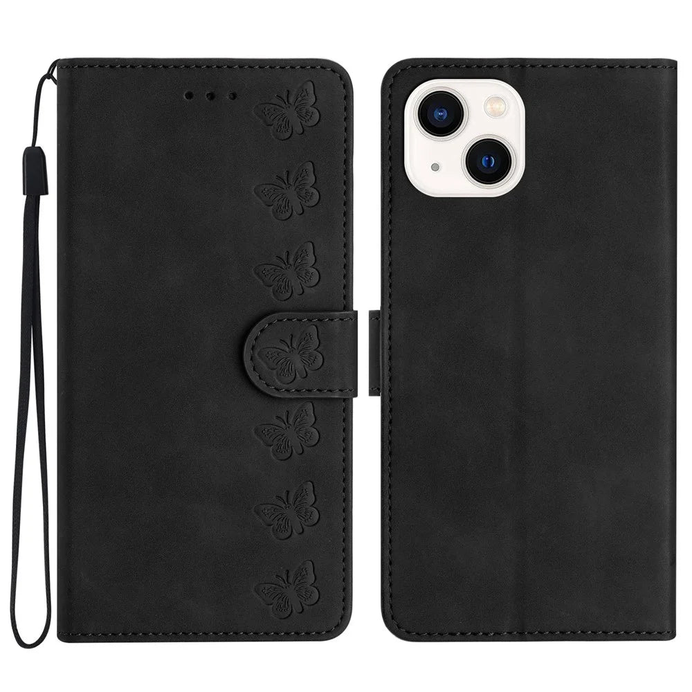 For iPhone 15 Wallet Flip Phone Cover Imprinted Butterfly Phone Case Leather Stand Phone Shell - Black - 1