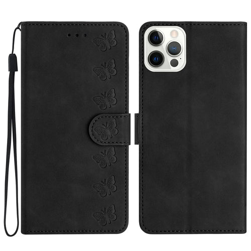 Anti-Scratch Phone Cover for iPhone 15 Pro Max , PU Leather Wallet Stand Imprinted Butterfly Phone Case - Black - 1
