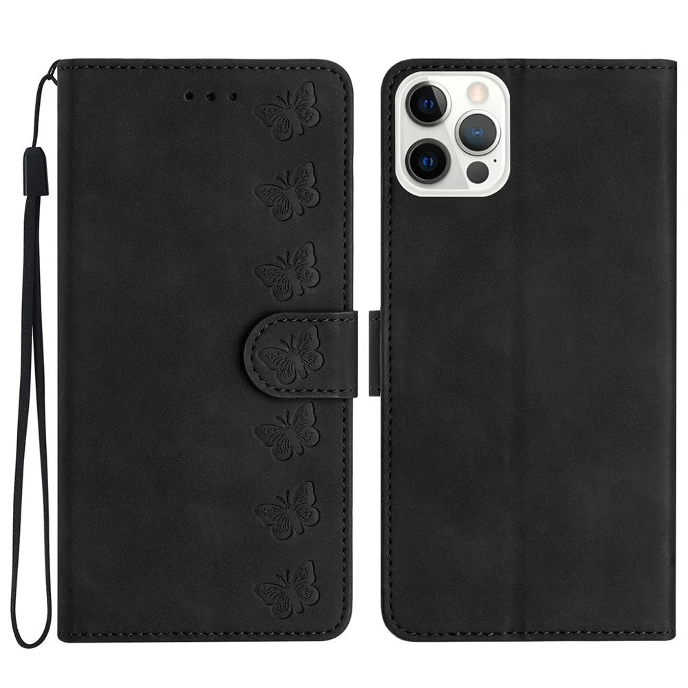 Anti-Scratch Phone Cover for iPhone 15 Pro Max , PU Leather Wallet Stand Imprinted Butterfly Phone Case - Black - 1