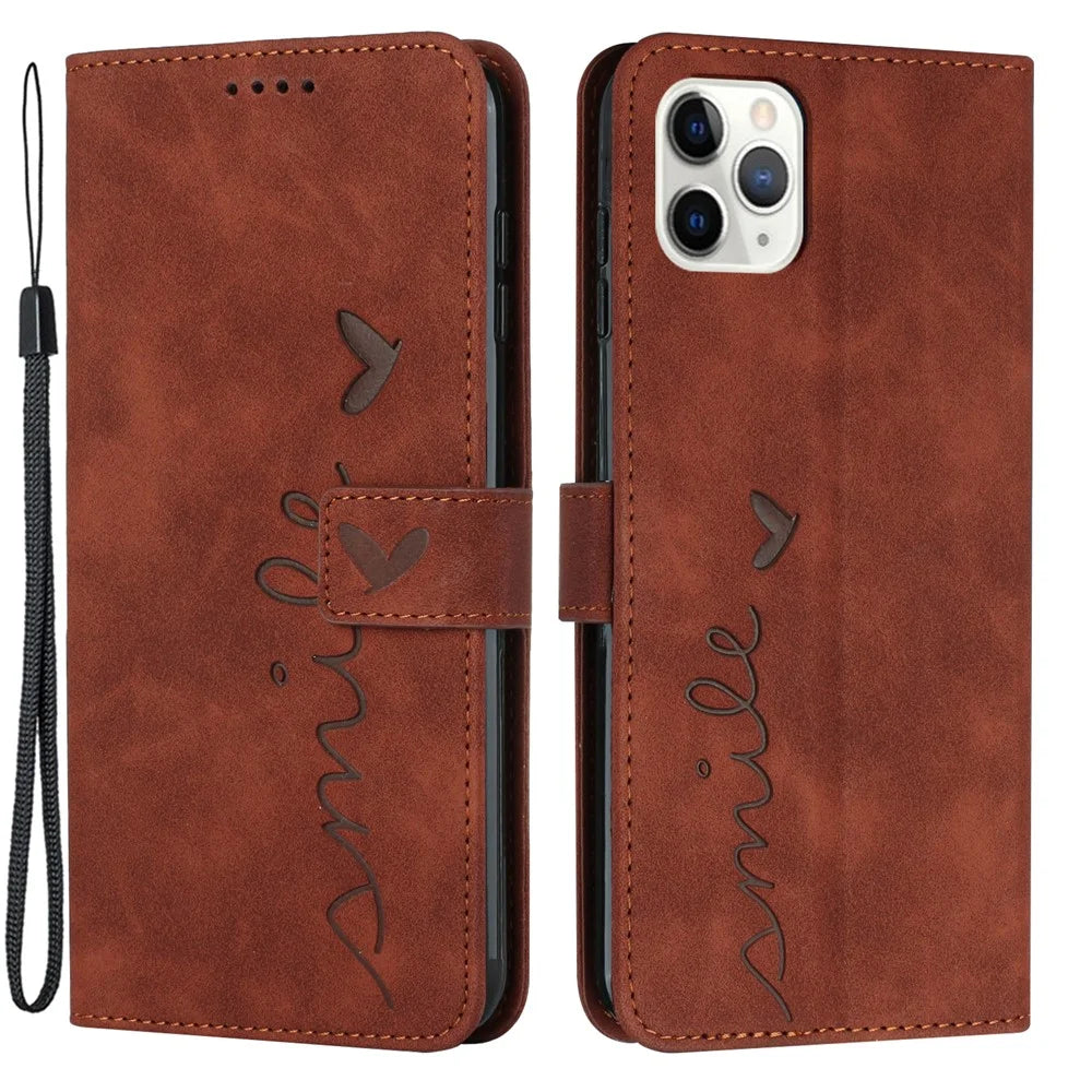 For iPhone 15 Pro Max Skin-touch PU Leather Shockproof Phone Cover Heart Imprinting Wallet Stand Case - Brown - 1