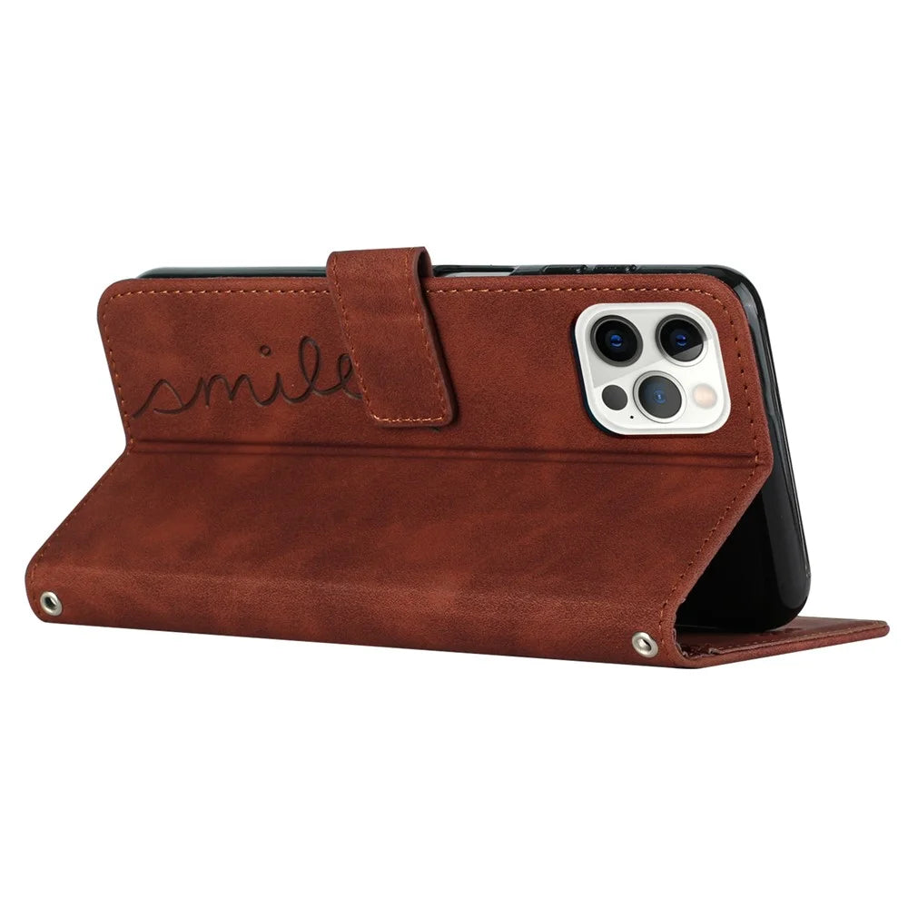 For iPhone 15 Pro Max Skin-touch PU Leather Shockproof Phone Cover Heart Imprinting Wallet Stand Case - Brown - 3