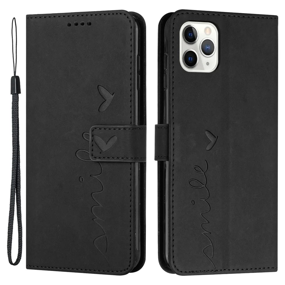For iPhone 15 Pro Anti-scratch Heart Imprinted Phone Leather Case Wallet Stand Phone Cover - Black - 1