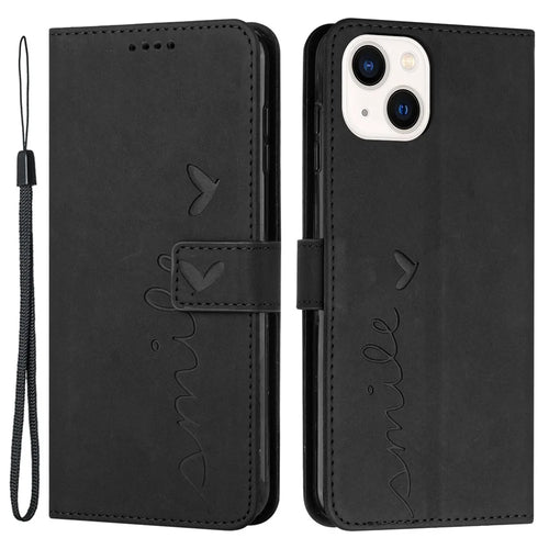 For iPhone 15 Plus Heart Imprinted Phone Leather Case Wallet Stand Phone Cover - Black - 1