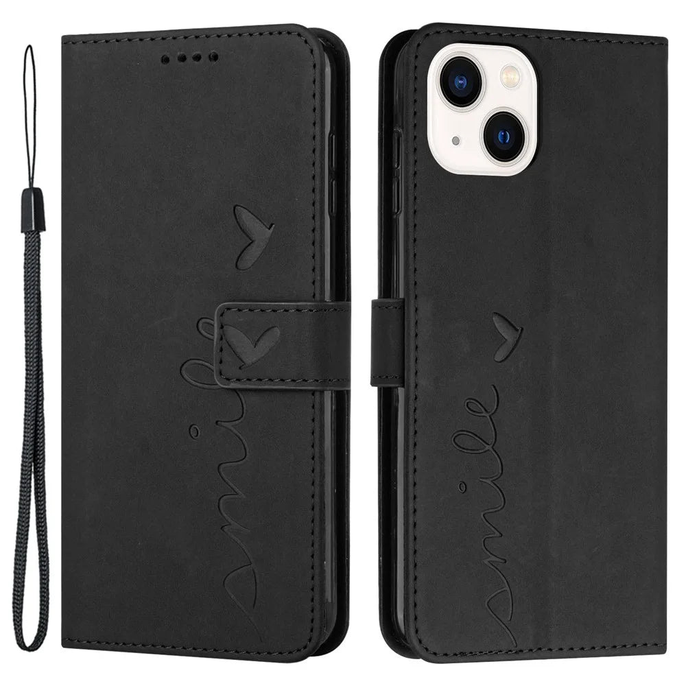 For iPhone 15 Plus Heart Imprinted Phone Leather Case Wallet Stand Phone Cover - Black - 1