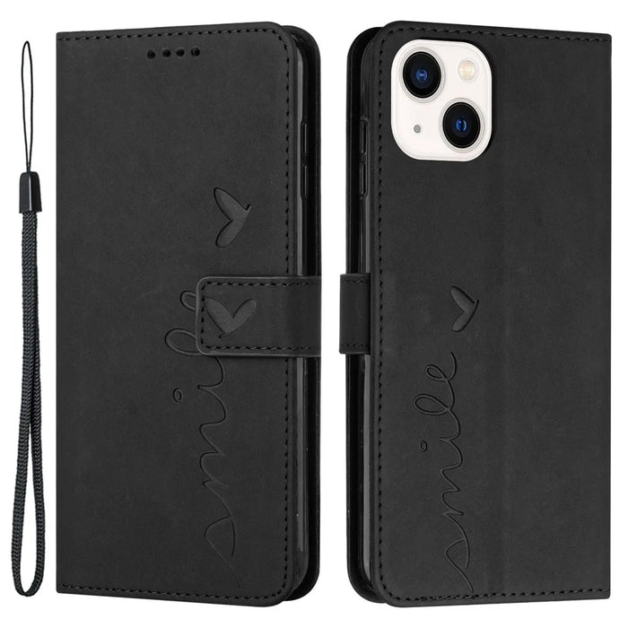 For iPhone 15 Plus Heart Imprinted Phone Leather Case Wallet Stand Phone Cover - Black - 1