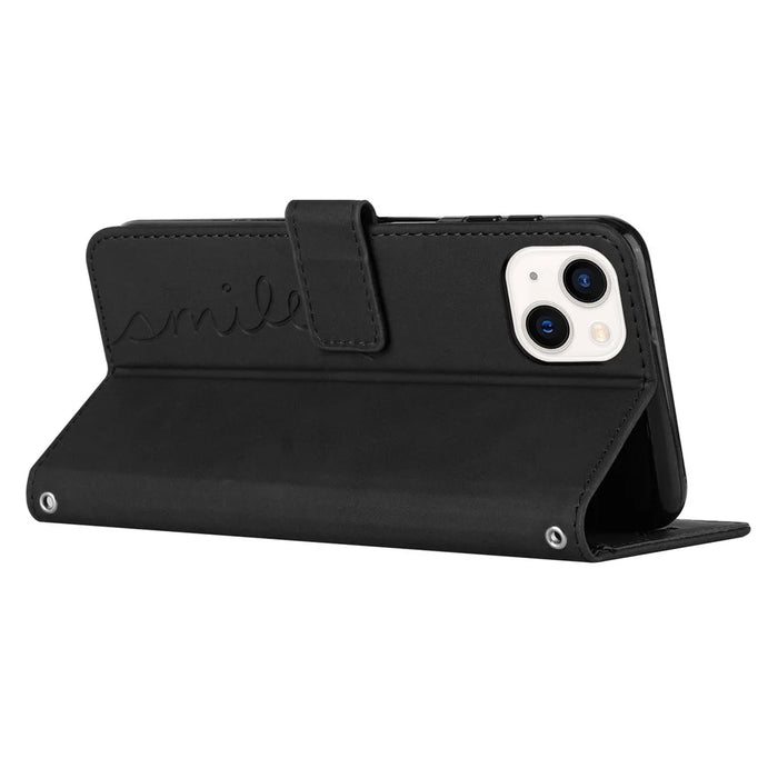 For iPhone 15 Plus Heart Imprinted Phone Leather Case Wallet Stand Phone Cover - Black - 3