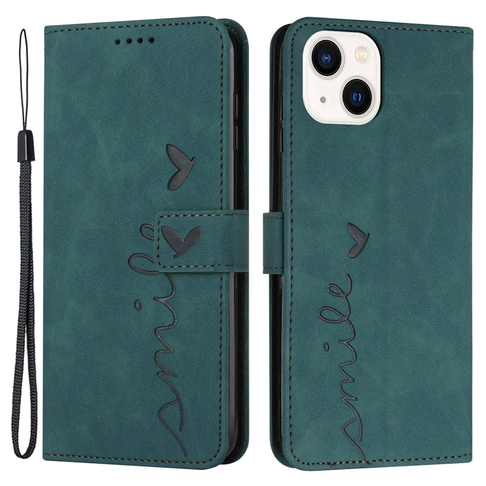 PU Leather Wallet Case for iPhone 15 , Stand Heart Imprinted Protective Phone Cover - Green - 1