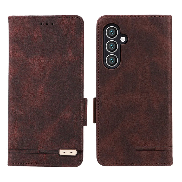 For Samsung Galaxy S23 FE Anti-Scratch PU Leather Wallet Stand Phone Case Hardware Decor Protective Cover - Coffee - 1