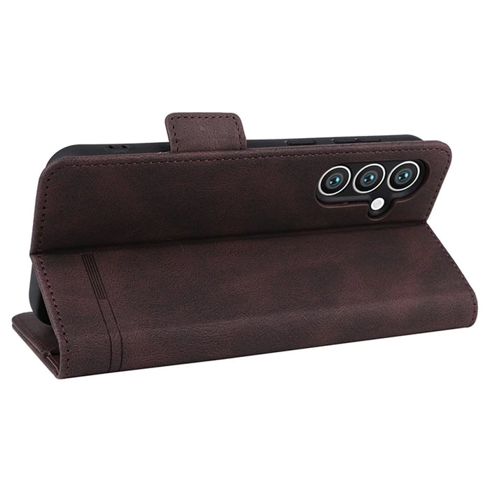 For Samsung Galaxy S23 FE Anti-Scratch PU Leather Wallet Stand Phone Case Hardware Decor Protective Cover - Coffee - 4