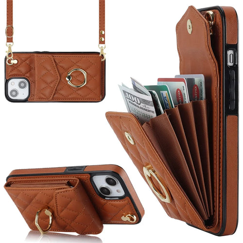 For iPhone 15 RFID Blocking Phone Case Multiple Card Slots Ring Kickstand PU Leather+TPU Fall-proof Cover - Brown - 1
