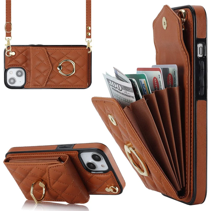 For iPhone 15 RFID Blocking Phone Case Multiple Card Slots Ring Kickstand PU Leather+TPU Fall-proof Cover - Brown - 1