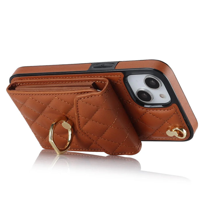 For iPhone 15 RFID Blocking Phone Case Multiple Card Slots Ring Kickstand PU Leather+TPU Fall-proof Cover - Brown - 3