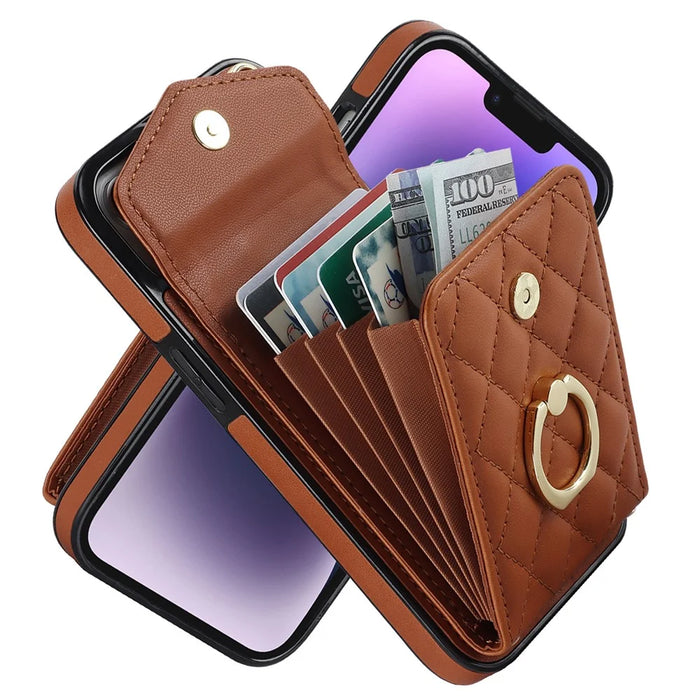 For iPhone 15 RFID Blocking Phone Case Multiple Card Slots Ring Kickstand PU Leather+TPU Fall-proof Cover - Brown - 4