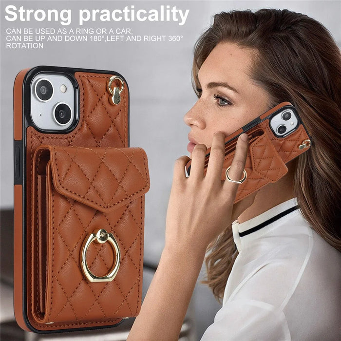 For iPhone 15 RFID Blocking Phone Case Multiple Card Slots Ring Kickstand PU Leather+TPU Fall-proof Cover - Brown - 5