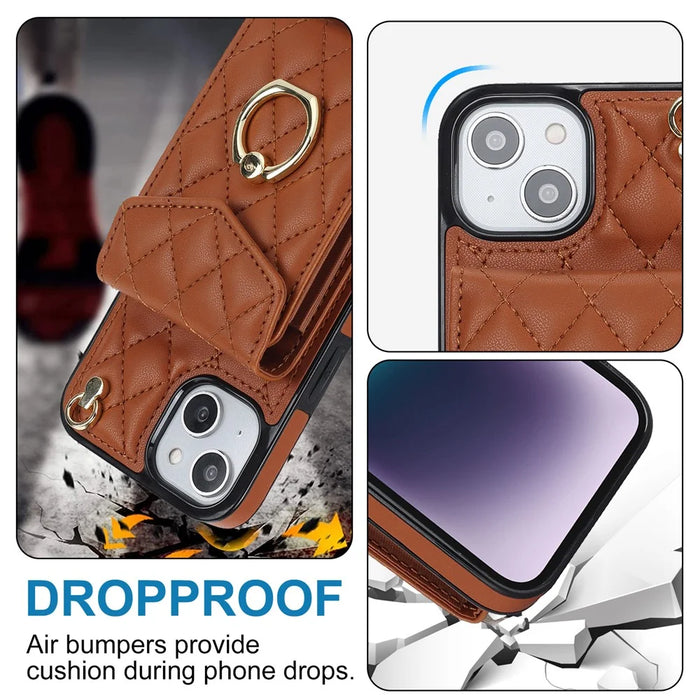 For iPhone 15 RFID Blocking Phone Case Multiple Card Slots Ring Kickstand PU Leather+TPU Fall-proof Cover - Brown - 6