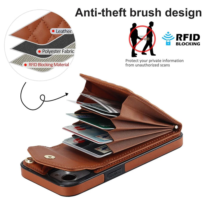 For iPhone 15 RFID Blocking Phone Case Multiple Card Slots Ring Kickstand PU Leather+TPU Fall-proof Cover - Brown - 7