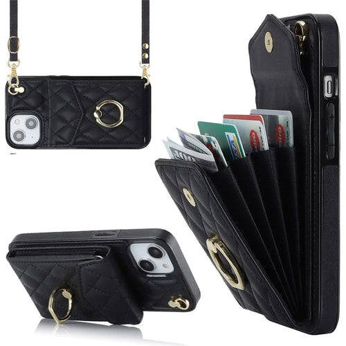 For iPhone 15 Plus RFID Blocking Phone Back Guard Case Multiple Card Slots Ring Kickstand PU Leather+TPU Cover - Black - 1