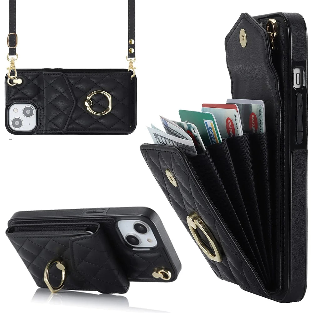 For iPhone 15 Plus RFID Blocking Phone Back Guard Case Multiple Card Slots Ring Kickstand PU Leather+TPU Cover - Black - 1