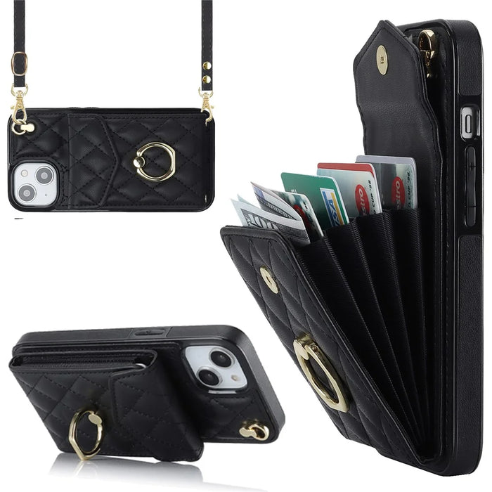 For iPhone 15 Plus RFID Blocking Phone Back Guard Case Multiple Card Slots Ring Kickstand PU Leather+TPU Cover - Black - 1