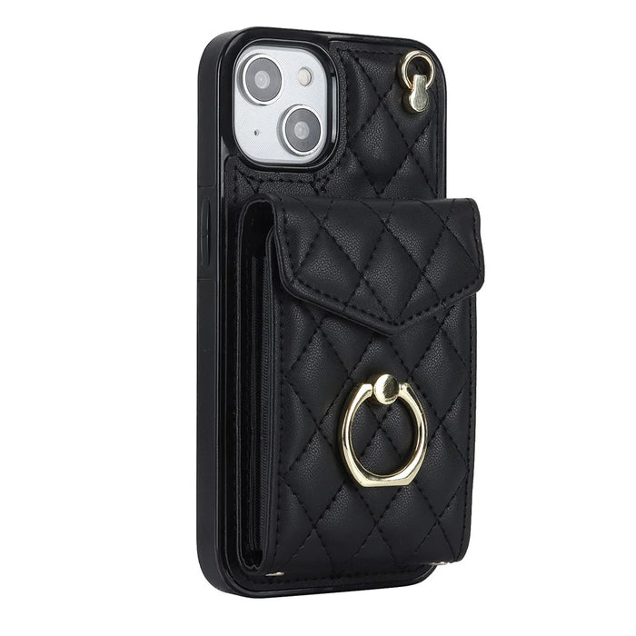 For iPhone 15 Plus RFID Blocking Phone Back Guard Case Multiple Card Slots Ring Kickstand PU Leather+TPU Cover - Black - 2