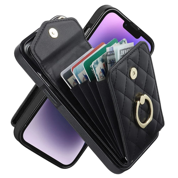For iPhone 15 Plus RFID Blocking Phone Back Guard Case Multiple Card Slots Ring Kickstand PU Leather+TPU Cover - Black - 4