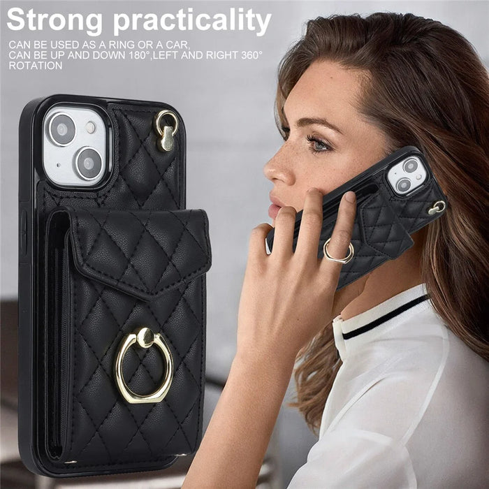 For iPhone 15 Plus RFID Blocking Phone Back Guard Case Multiple Card Slots Ring Kickstand PU Leather+TPU Cover - Black - 5