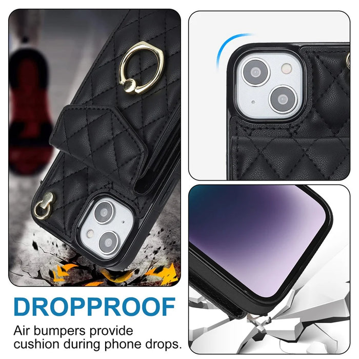 For iPhone 15 Plus RFID Blocking Phone Back Guard Case Multiple Card Slots Ring Kickstand PU Leather+TPU Cover - Black - 6