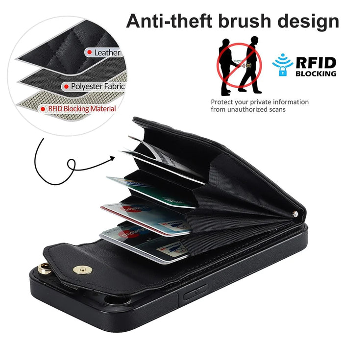For iPhone 15 Plus RFID Blocking Phone Back Guard Case Multiple Card Slots Ring Kickstand PU Leather+TPU Cover - Black - 7